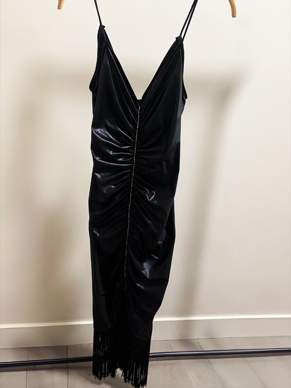 Ala Carte California Y2K Black Ruched Rhinestone Fringe Midi Dress Small